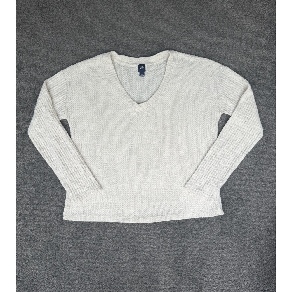 GAP Womens XS Cream Waffle Knit V-Neck Relaxed Long Sleeve Sweater Top